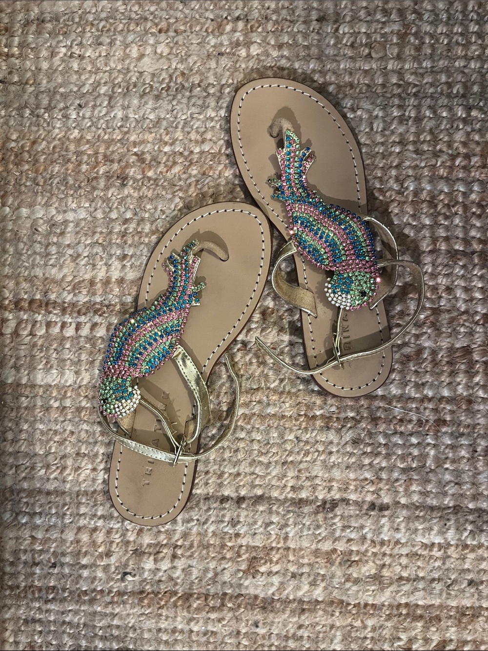 Trina Turk Gold Parrot Beaded Thong Sandals